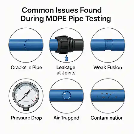 Common issues found during MDPE pipe testing including leaks, cracks, and pressure failure