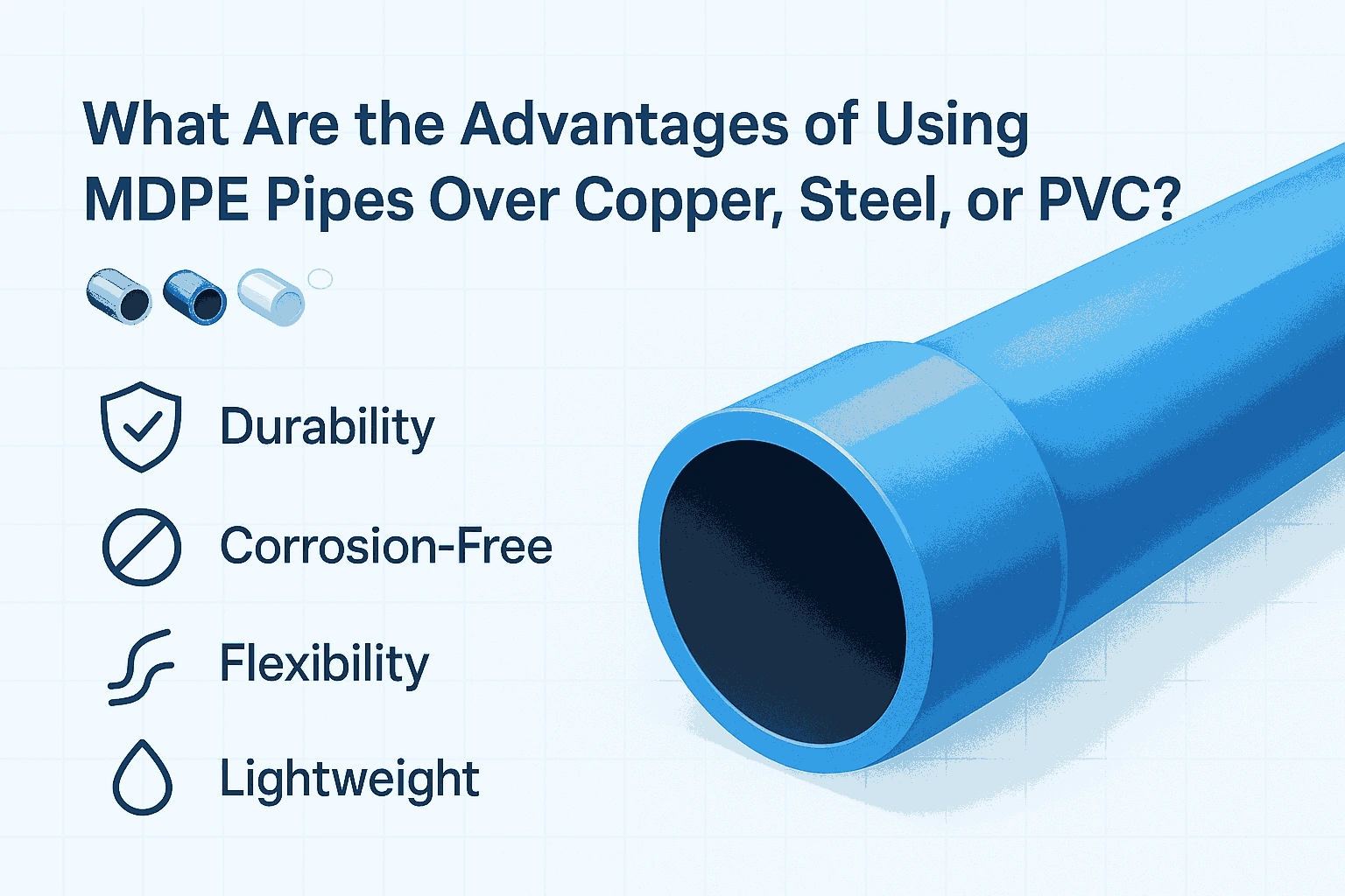 MDPE pipes compared with copper, steel, and PVC materials