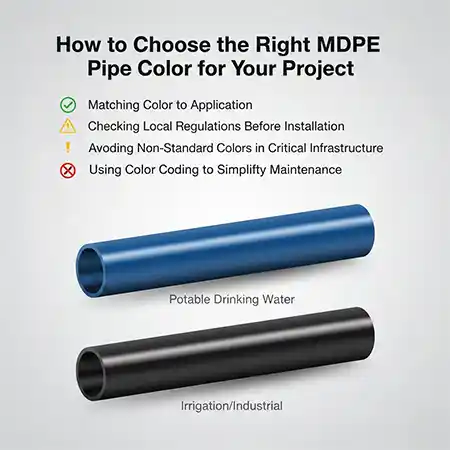 Infographic showing different MDPE pipe colors – blue, black, yellow, green, purple – with labels for potable water, industrial, gas, sewer, and reclaimed water applications according to global, India, and UK standards