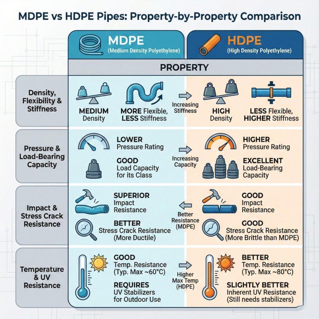 Side-by-side infographic comparing MDPE and HDPE pipes properties including density, flexibility, strength, pressure rating, and UV resistance.