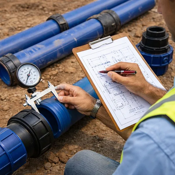Engineer inspecting MDPE pipe diameter pressure rating and fittings for water pipeline installation