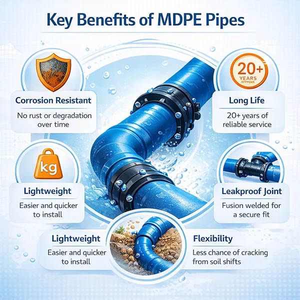 Infographic showing key benefits of MDPE pipes including corrosion resistance, flexibility, leakproof joints and long service life