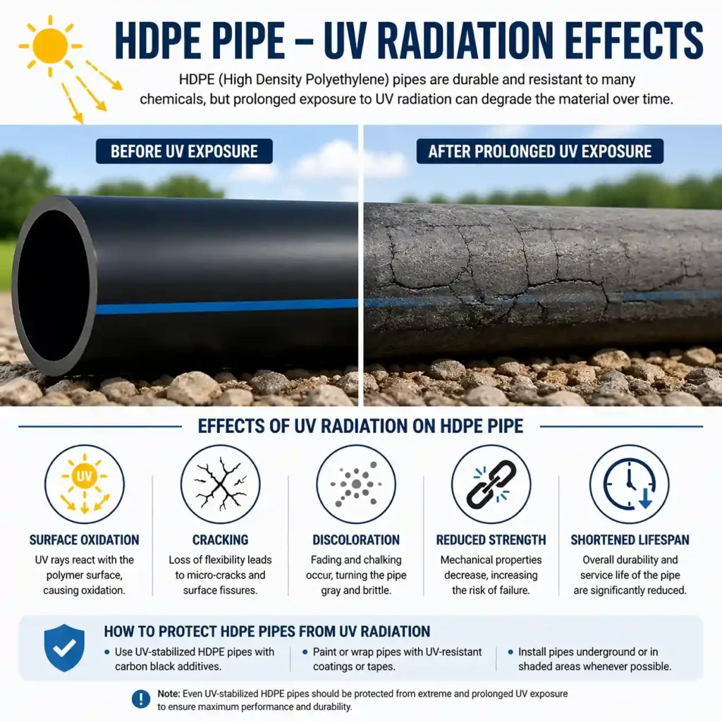 HDPE pipe material degradation due to UV radiation from sunlight 